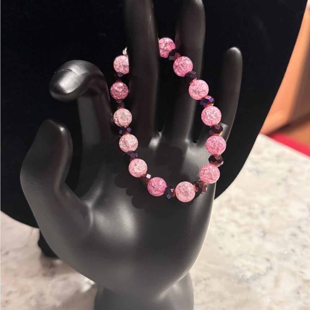 Pink Crackle Quartz and Purple Rondelle Glass Beaded Bracelet